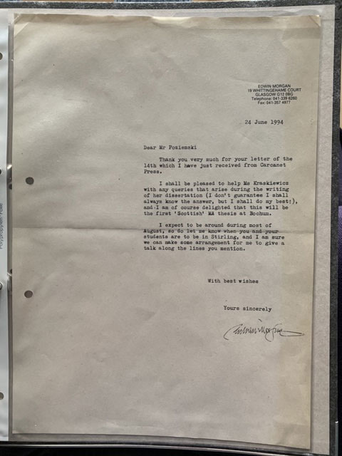 Edwin Morgan Letter To John Poziemski