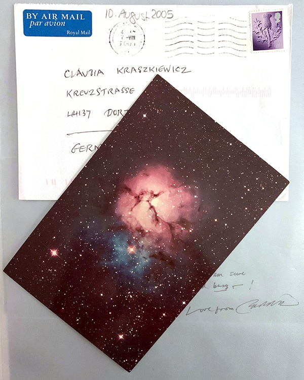 The Trifid Nebula in Sagittarius was the last card Eddie sent me, along with "Love and best wishes and stardust" on 10 August 2005